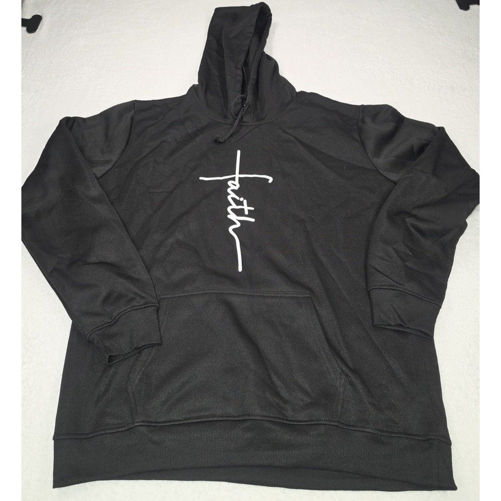 Christian Faith Hoodie – Inspirational Cross Script Graphic – Black – Size L